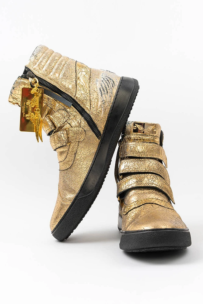 MENS HIGH TOP VELCRO SHOES CRACKLED GOLD