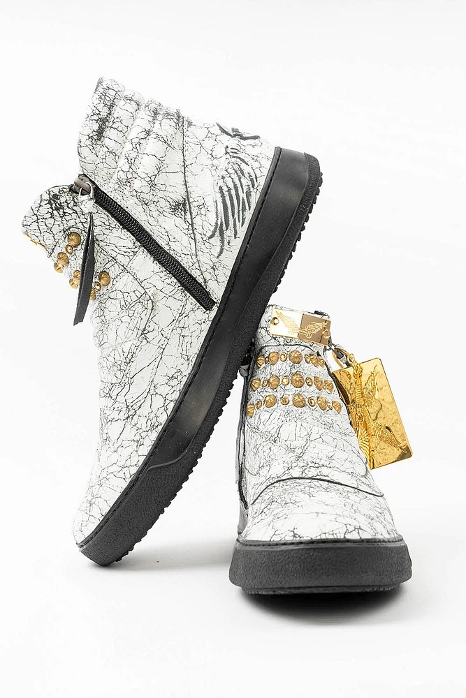 MENS MID TOP BIKER SHOES CRACKLED WHITE LEATHER WITH CRYSTALS AND STUDS