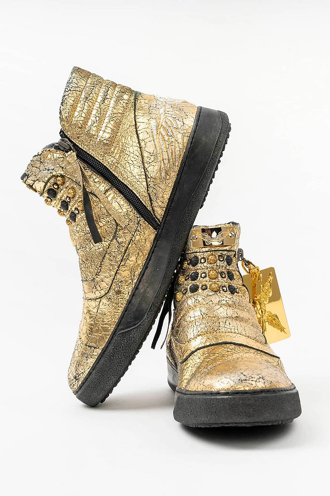 MENS MID TOP BIKER SHOES CRACKLED GOLD LEATHER WITH CRYSTALS AND STUDS