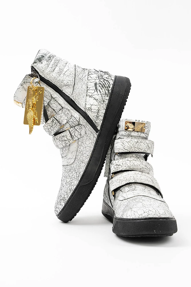 MENS HIGH TOP VELCRO SHOES CRACKLED WHITE