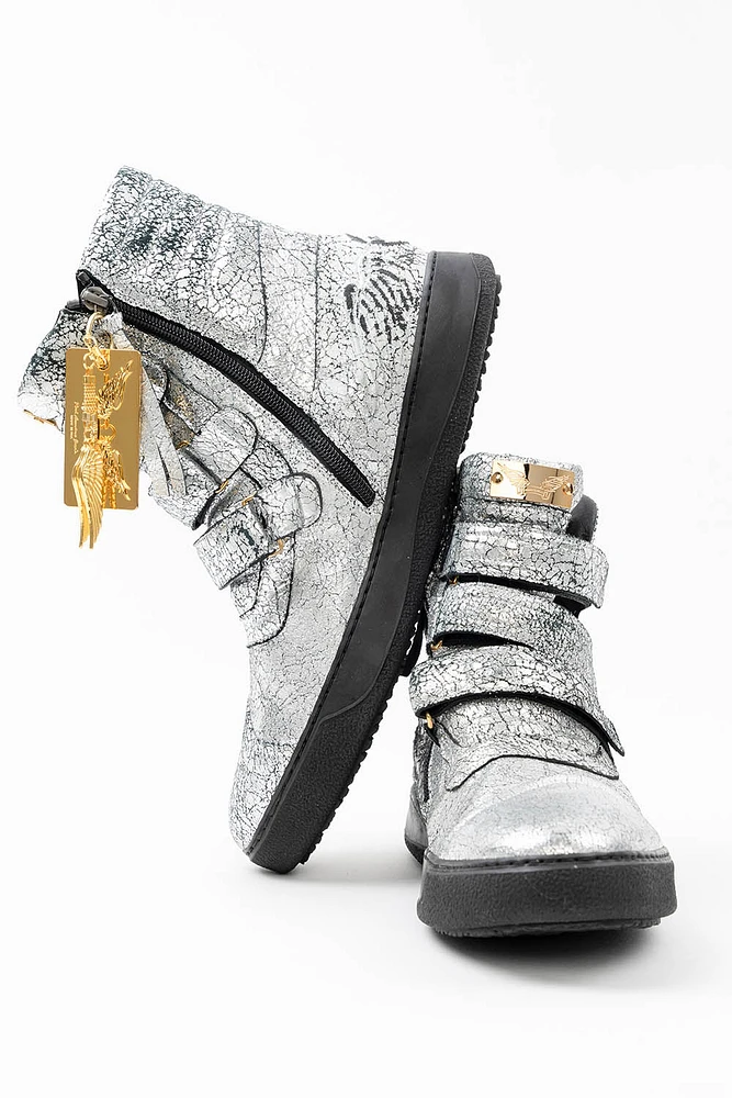 MENS HIGH TOP VELCRO SHOES CRACKLED SILVER