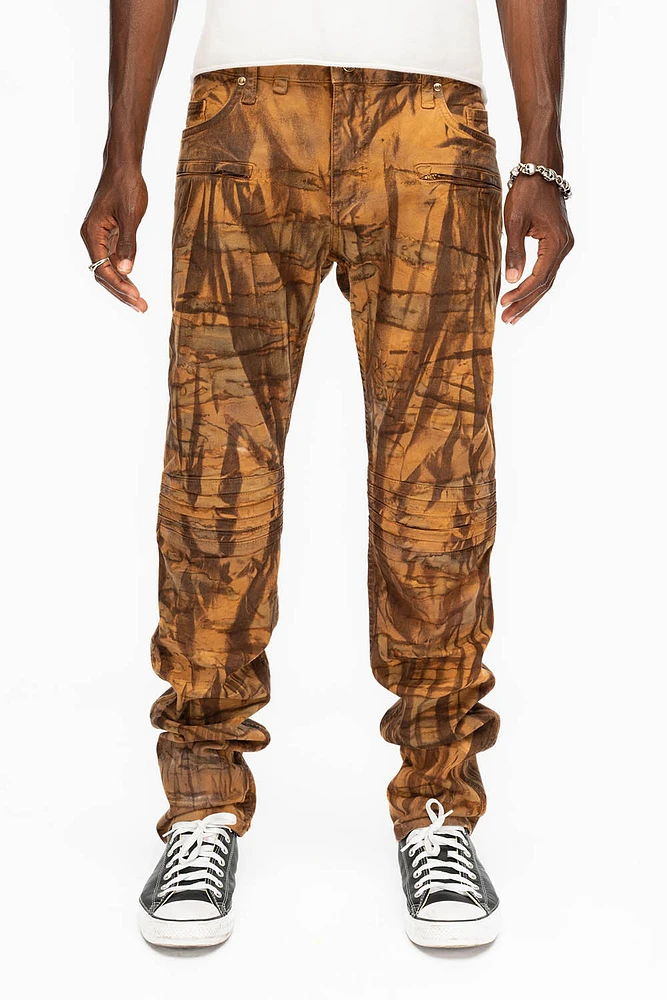 MENS MOTO BIKER JEANS BROWN ORANGE WASH