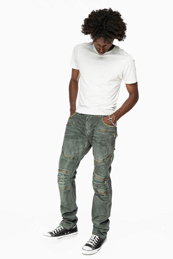 MEN'S BIKER SLIM JEANS DUSTY GREEN WASH WITH EMBELISHMENT
