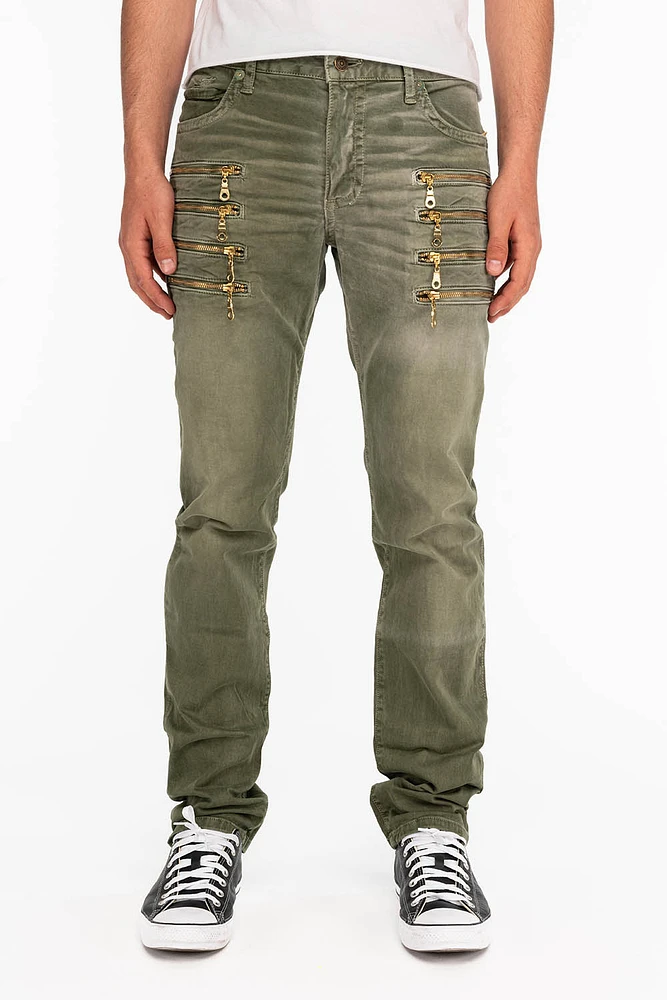 MENS MOTORCYCLE ZIPPERS SLIM JEANS PIGMENT SPRAY GREEN ARMY