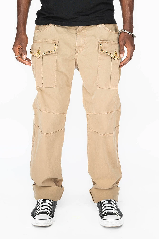 BOMBER POCKET PANTS WITH CRYSTALS BEIGE