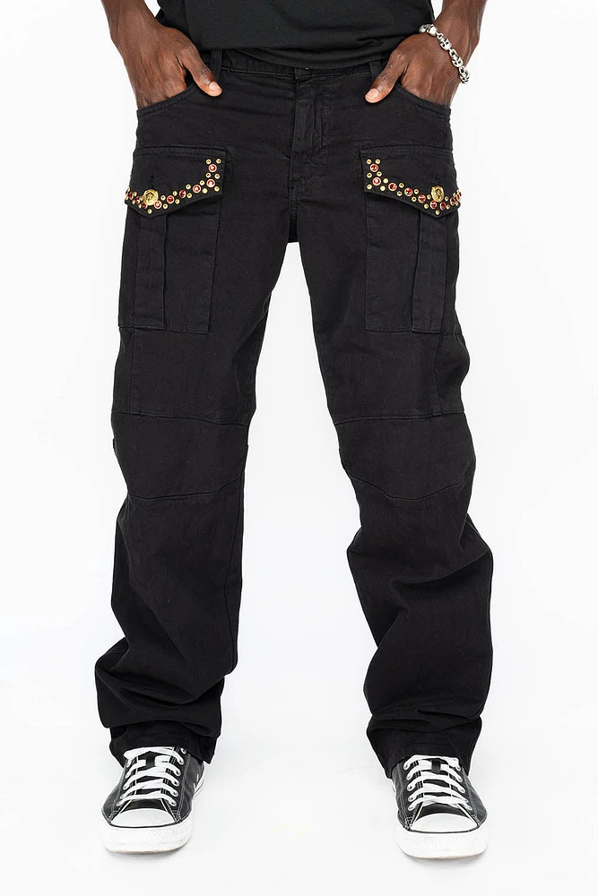 BOMBER POCKET PANTS WITH CRYSTALS BLACK