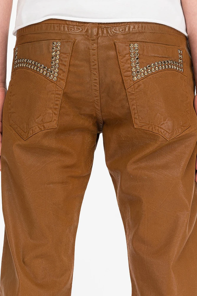 CLASSIC 5 POCKET STRAIGHT LEG JEANS CUIR CARAMEL WITH STUDS AND CRYSTALS