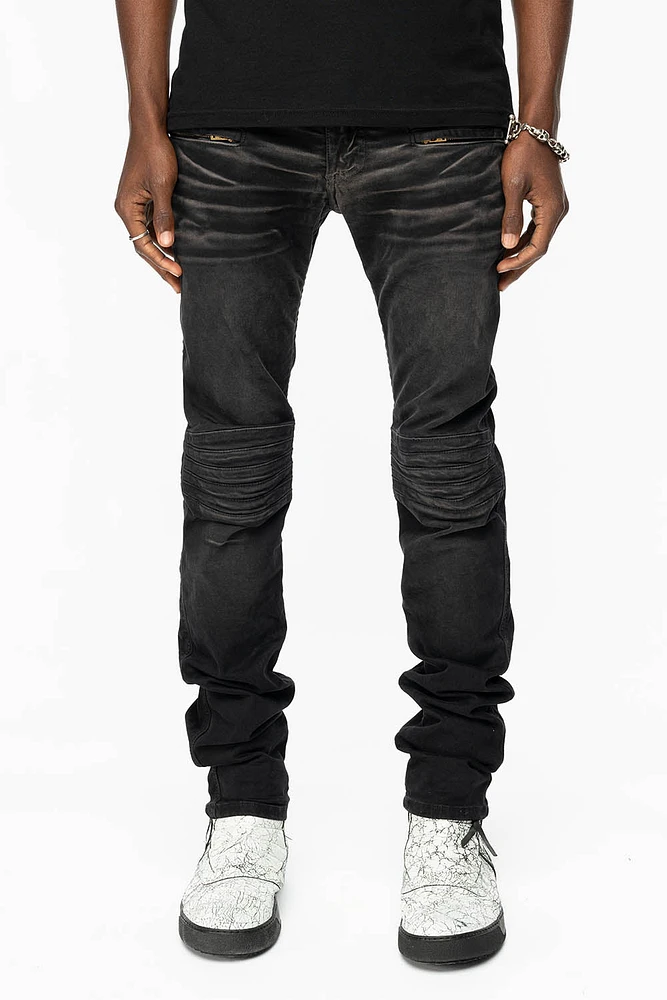 MENS MOTO BIKER JEANS BLACK PIGMENT SPRAY WASH