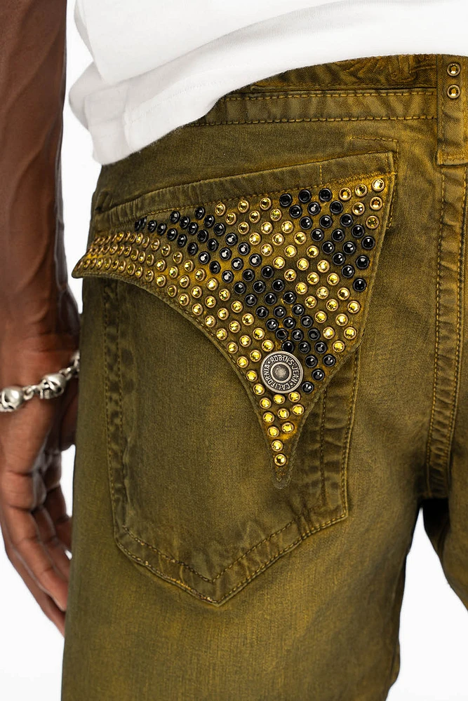 LONG FLAP MENS STRAIGHT JEANS WITH CRYSTALS DUSTY YELLOW
