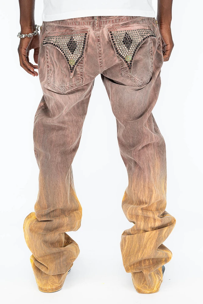 LONG FLAP MENS STRAIGHT LEG JEANS WITH CRYSTALS CANDY WASH