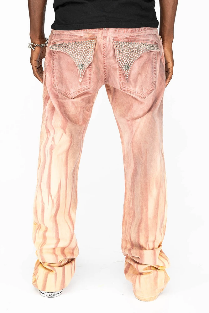 LONG FLAP MENS STRAIGHT LEG JEANS WITH CRYSTALS FIRE YELLOW WASH