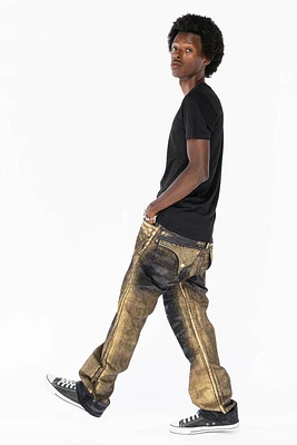 MENS LONG FLAP STRAIGHT CUT JEANS WITH SMOKY TOPAZ CRYSTALS AERO BLACK WASH