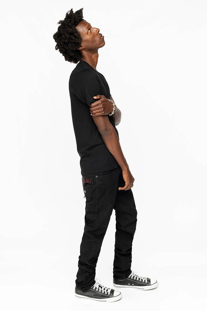 LONG FLAP SLIM FIT MENS JEANS WITH RED CRYSTALS ANTIQUE BLACK