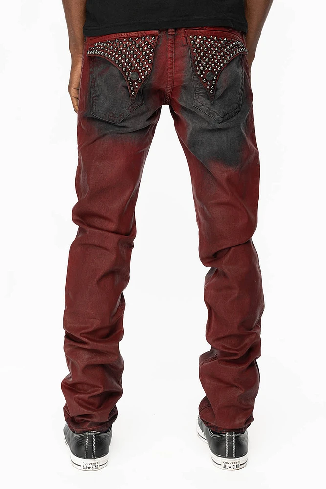 LONG FLAP SLIM FIT MENS JEANS WITH CRYSTALS & STUDS BLACK IRENE RED COATED WASH