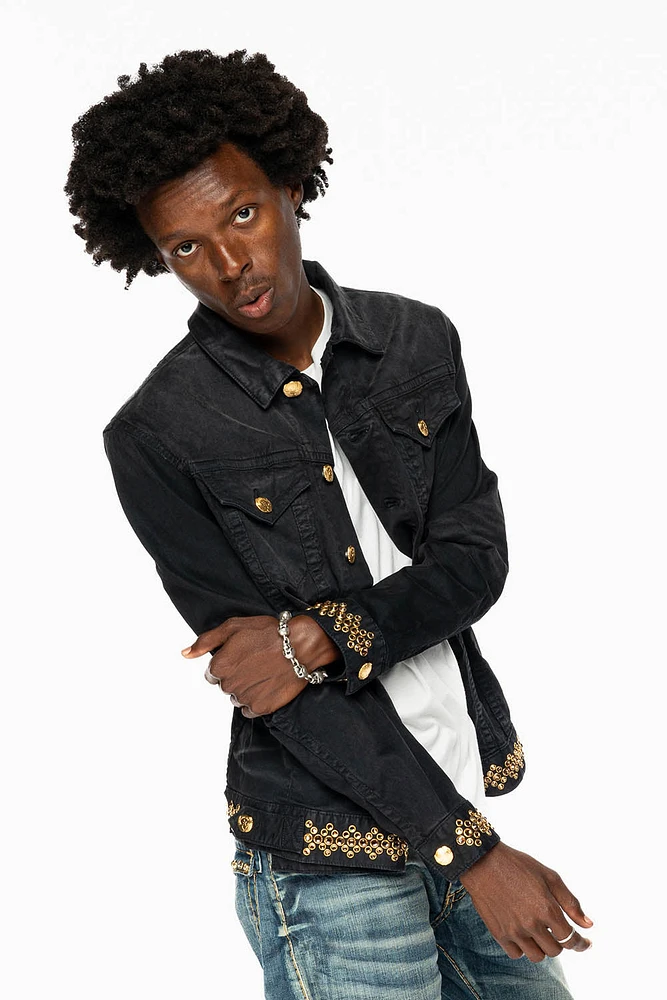 JEAN JKT PIGMENT SPRAY BLACK WASH EMBELLISHED WITH LARGE SMOKY TOPAZ CRYSTALS DESCRIPTION