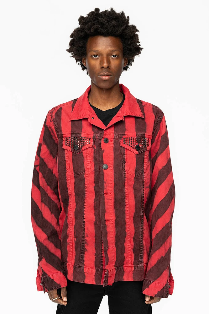 PRISONER JEAN JKT BLACK AND RED WASH WITH JET BLK CRYSTALS
