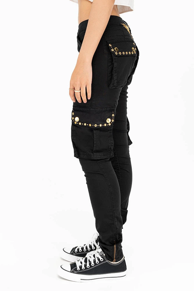 NEW MILITARY STYLE WOMENS SKINNY EMBELLISHED CARGO PANTS