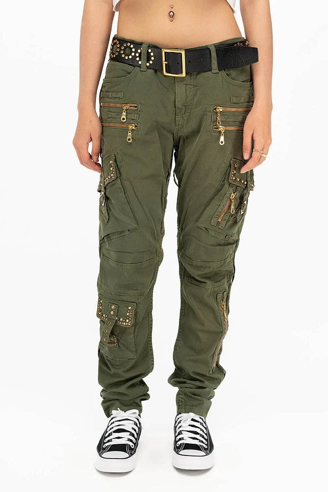 RAPTOR MILITARY STYLE WOMENS CARGO PANTS GREEN ARMY WITH STUDS AND CRYSTALS