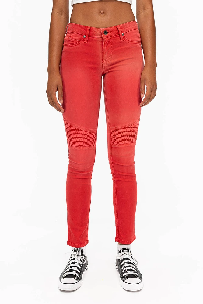 ROBIN'S WOMENS SKINNY BIKER JEANS MOTO SULFUR RED