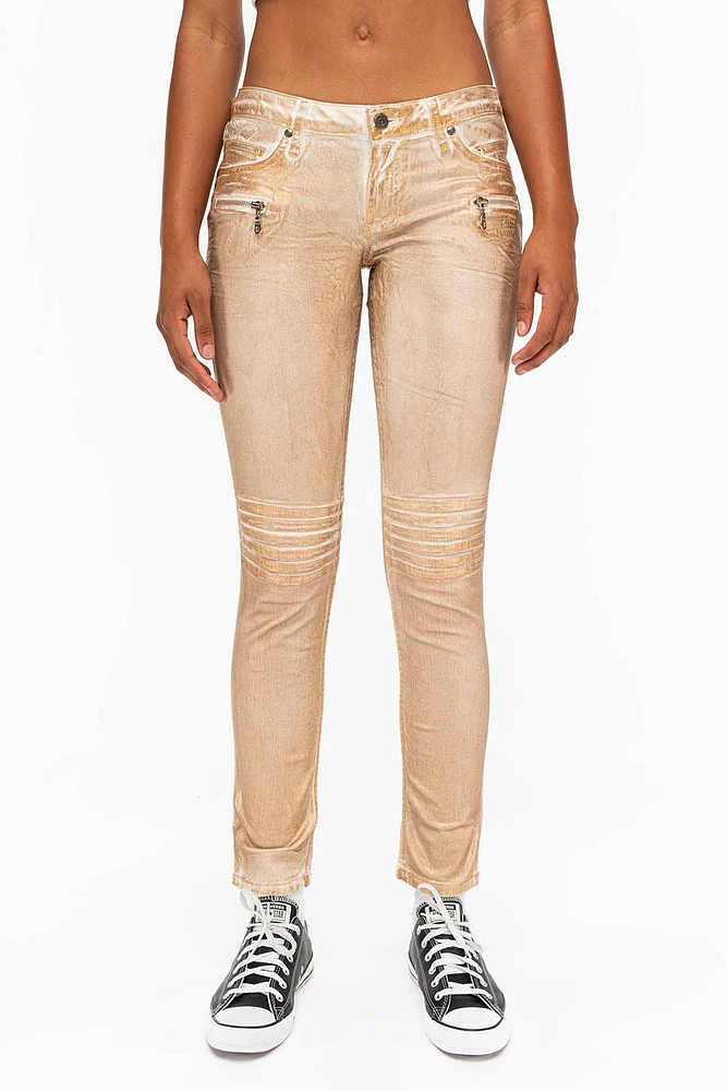 ROBIN'S BIKER WOMENS JEANS WHITE GOLD STRIPE FOIL