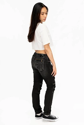 ROBIN'S WOMEN'S SKINNY UTILITARIAN JEANS LA BLACK WITH STUDS AND CRYSTALS