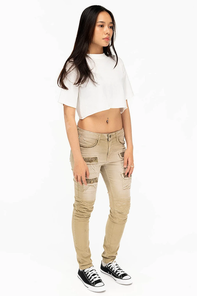 ROBIN'S WOMENS SKINNY UTILITARIAN JEANS SULFUR SAND WASH WITH STUDS