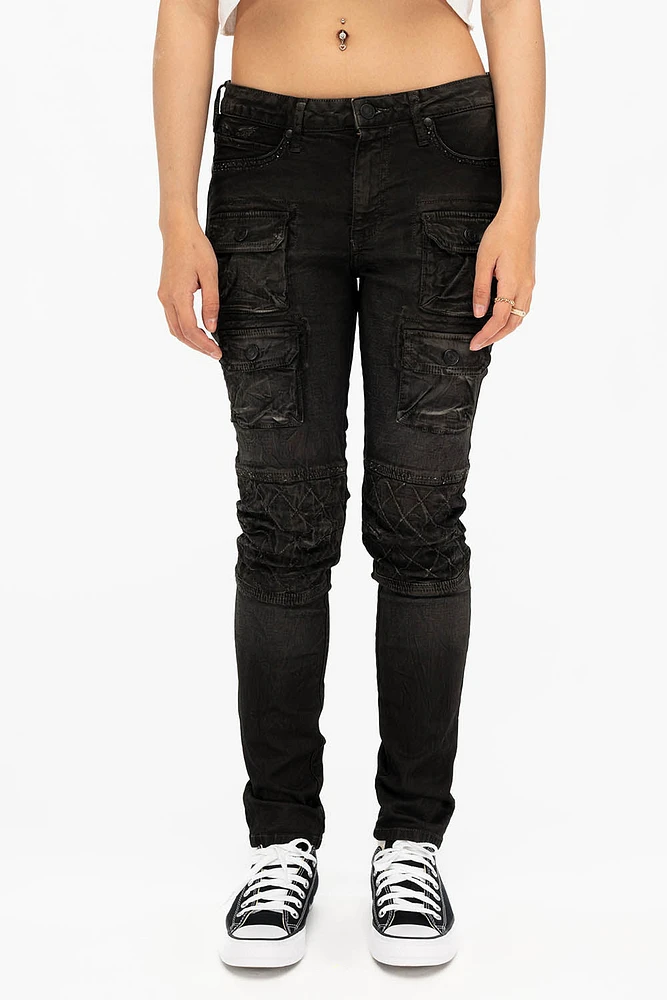 ROBIN'S MILITARY INSPIRED WOMENS SKINNY UTILITARIAN JEANS LA BLACK