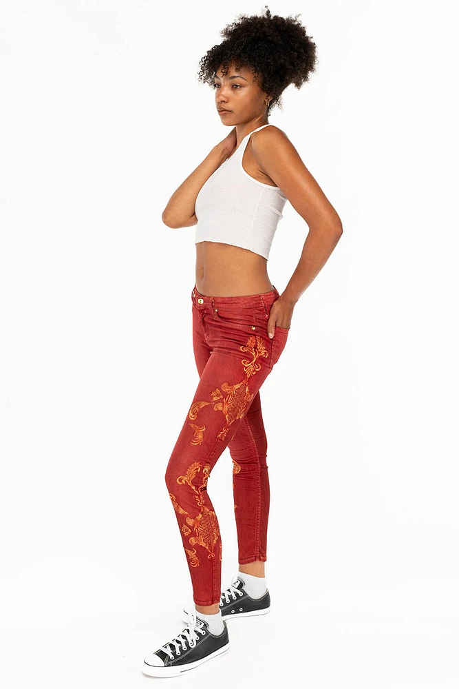 MID RISE WOMENS JEANS WITH GOLD EMBROIDERY RED