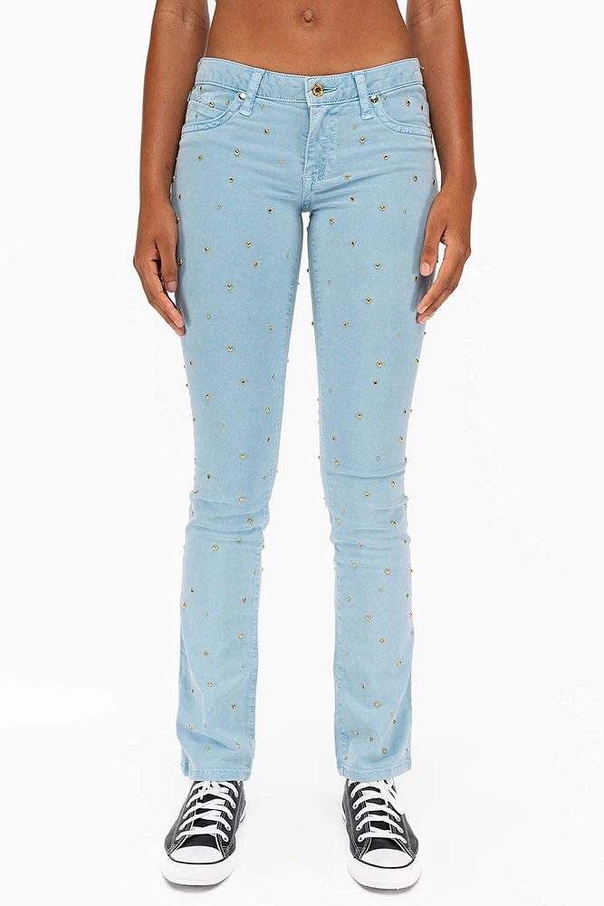 MARILYN LOW RISE WOMENS STUDDED STRAIGHT LEG JEANS DULL BLUE WITH TONAL WINGS AND CRYSTALS