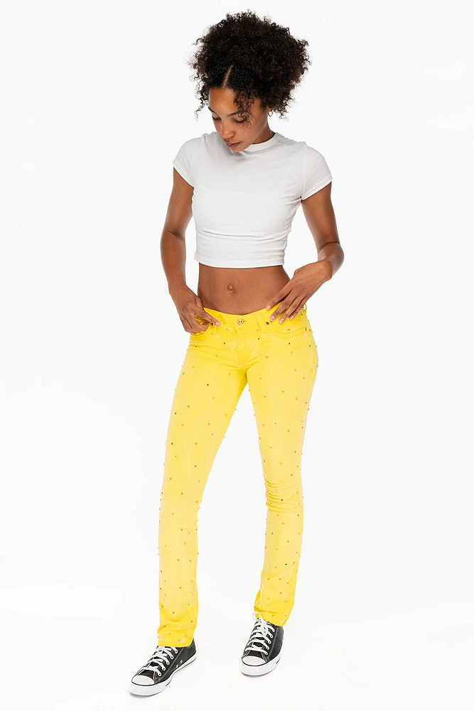 MARILYN LOW RISE WOMENS STUDDED STRAIIGHT LEG JEANS OIL YELLOW WITH TONAL WINGS AND CRYSTALS