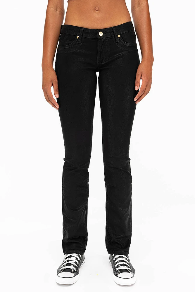 MARILYN LOW RISE WOMENS STRAIGHT JEANS BLACK COATING WITH TONAL WINGS