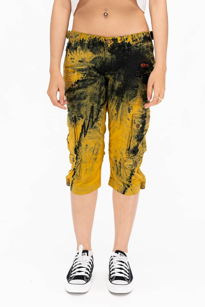 MILITARY STYLE ASSORTED PATCH WOMENS CARGO SHORTS TYE DYE AND BLACK WASH