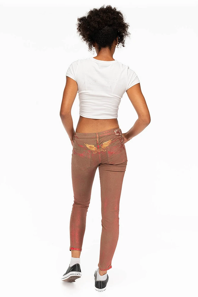 MARILYN WOMENS SKINNY JEANS KHAKI RED FOIL