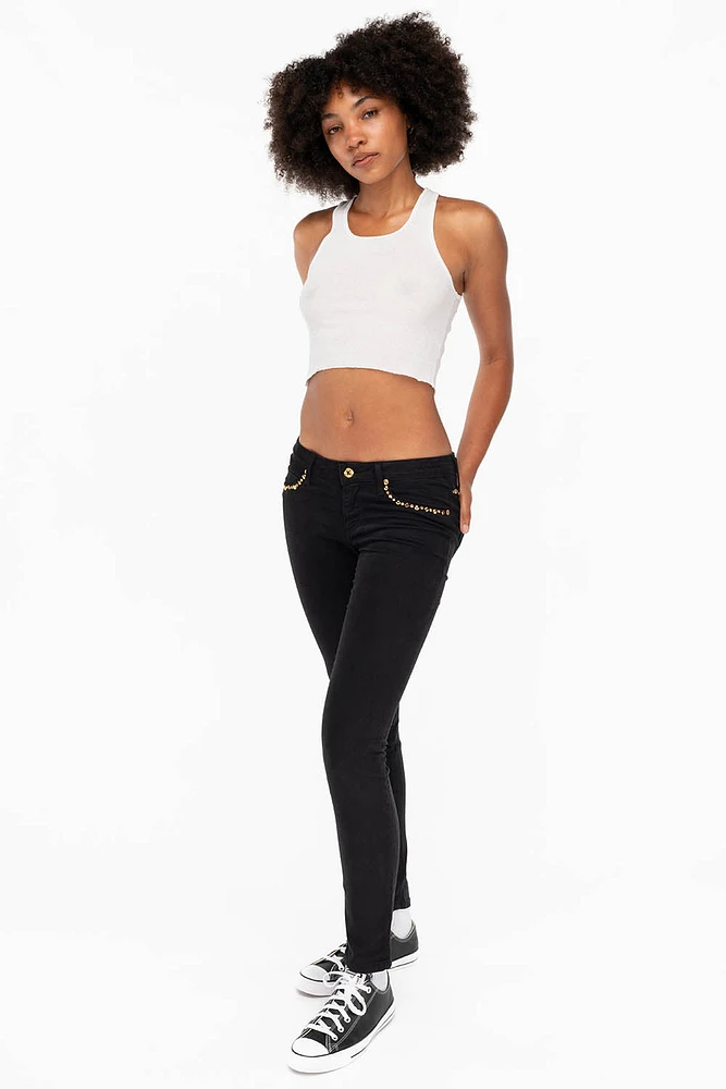 MARILYN WOMENS STUDDED SKINNY JEANS BLACK GOLD LOGO AND CRYSTALS
