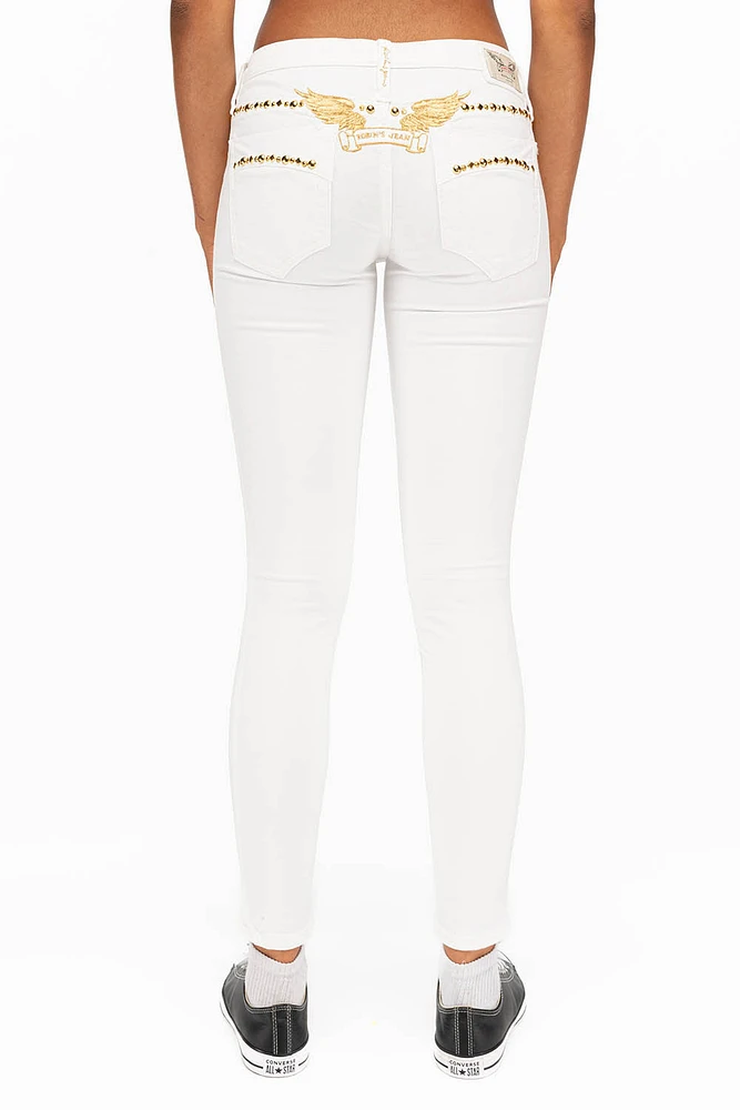 MARILYN WOMENS STUDDED SKINNY JEANS WHITE WITH GOLD WINGS AND STUDS CRYSTALS