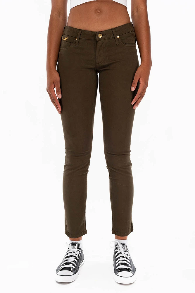WOMENS SKINNY JEANS DARK GREEN WITH GOLD EMBROIDERY AND LOGO