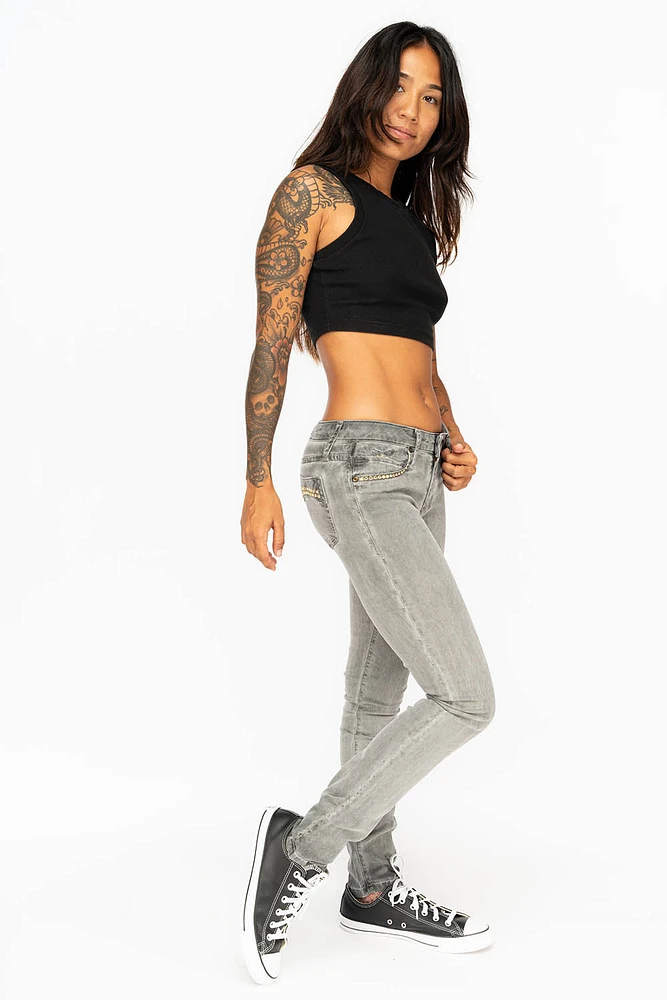 MID RISE WOMENS SKINNY JEANS OIL CHARCOAL WASH WITH CRYSTALS