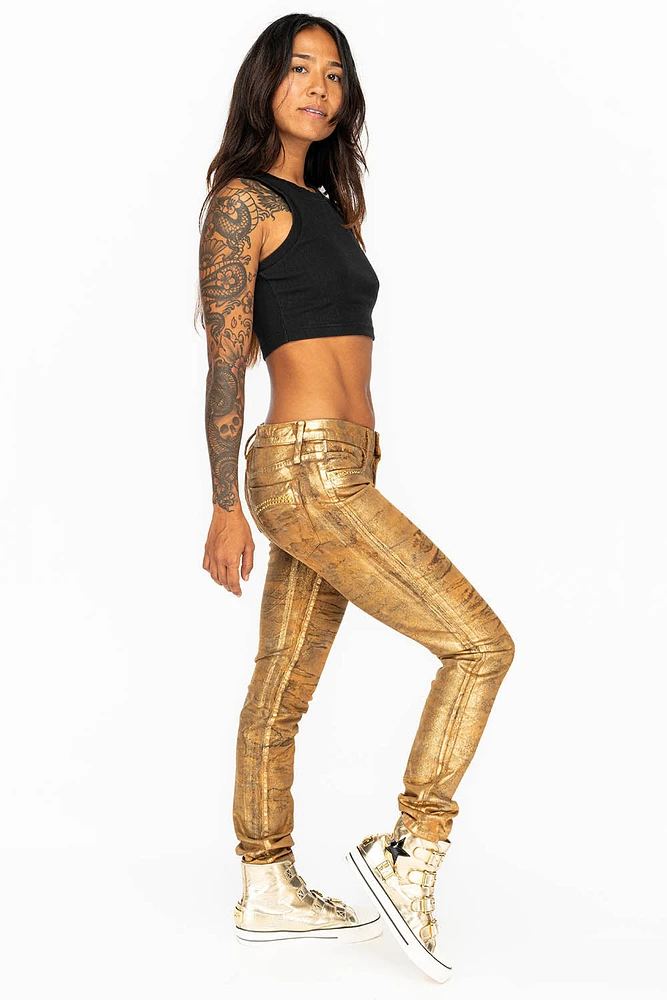 MID RISE WOMENS SKINNY JEANS AERO KHAKI WASH WITH GOLD CRYSTALS