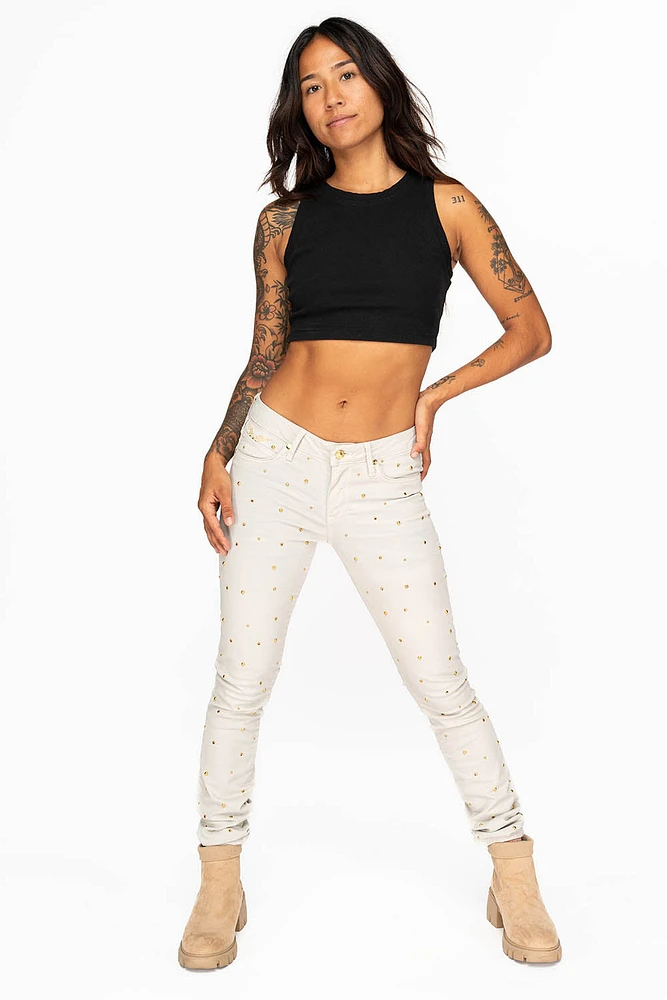 MID RISE WOMENS SKINNY JEANS BAKER STONE WASH WITH CRYSTALS