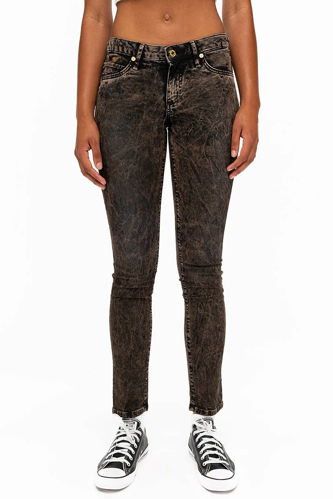 JANE MID RISE WOMENS SKINNY JEANS THUNDER WITH GOLD WINGS