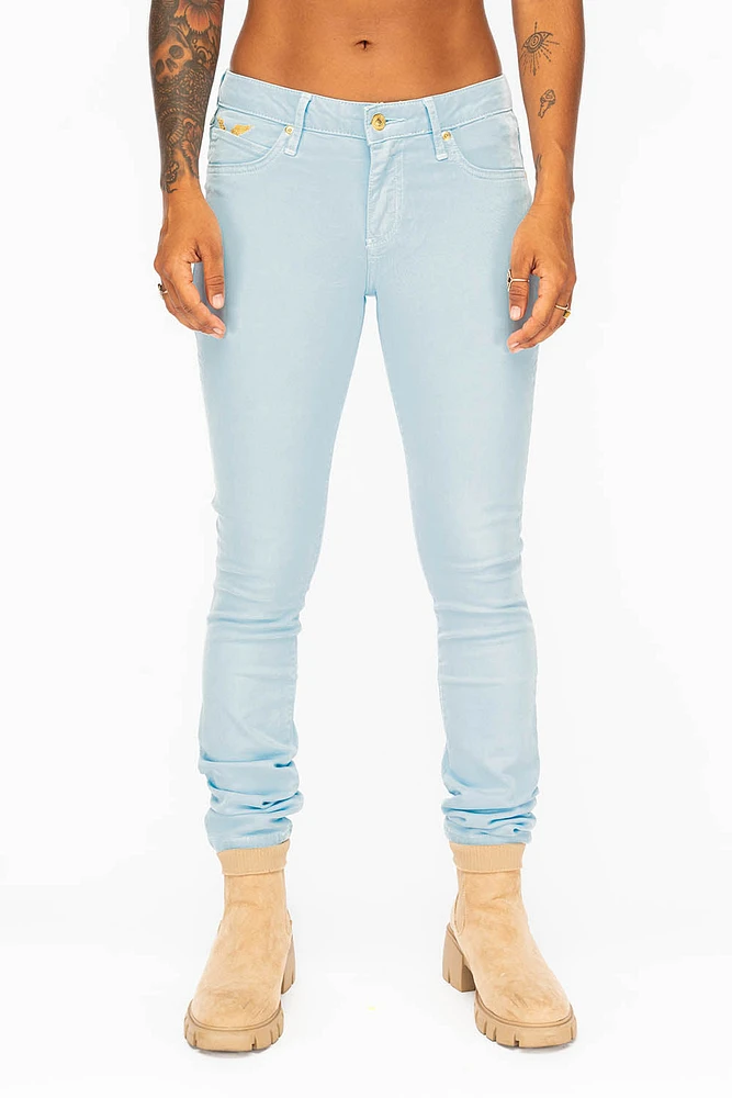 MID RISE WOMENS SKINNY JEANS PASTEL BLUE WASH