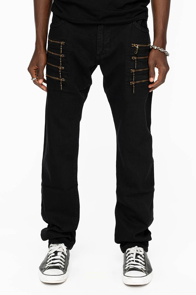 MENS MOTORCYCLE ZIPPERS SLIM JEANS OVERDYE BLACK WASH