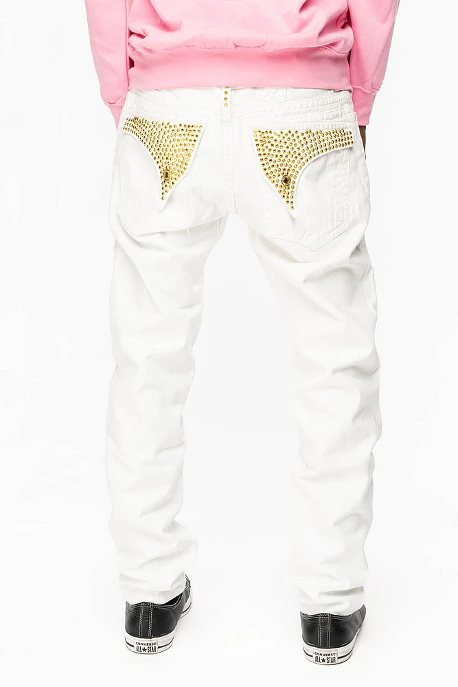 MENS LONG FLAP SLIM JEANS WITH FULL AURUM CRYSTALS PURE WHITE DNM