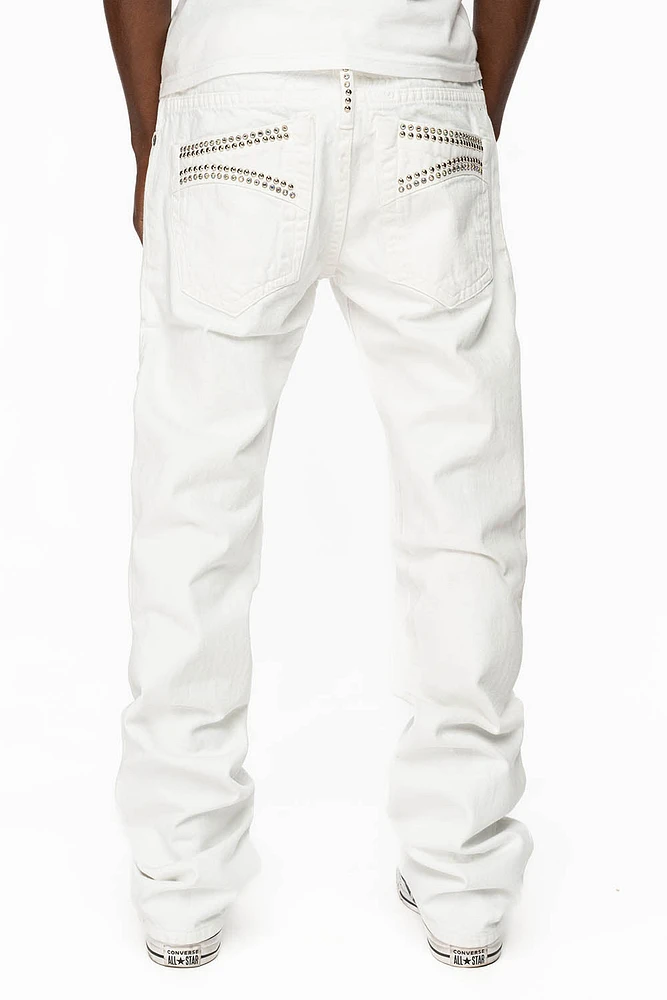 MENS CLASSIC 5 POCKET STRAIGHT LEG JEANS WHITE WITH STUDS AND CRYSTALS