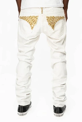 MENS LONG FLAP SLIM JEANS WITH PARACHUTE STUDS AND AURUM CRYSTALS PURE WHITE BROKEN REPAIRED DNM
