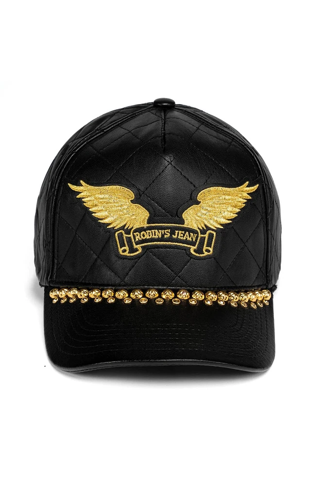 ROBINS LEATHER QUILTED CAP WITH GOLD WINGS STUDS AND CRYSTALS IN