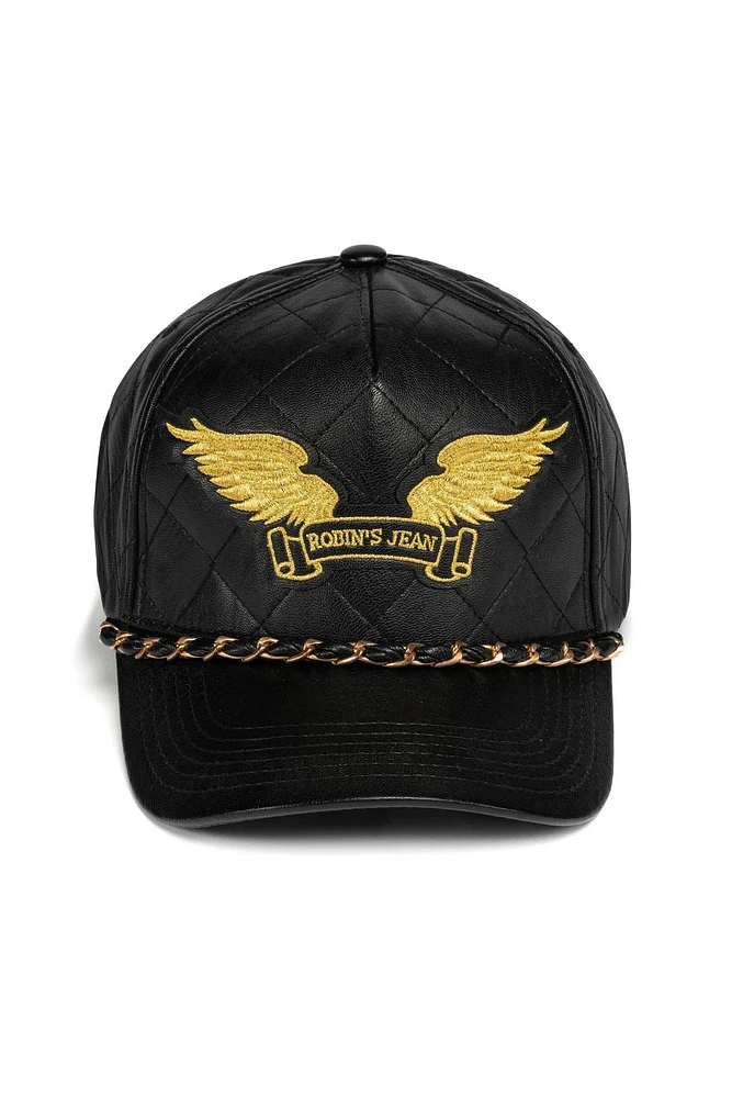 ROBINS LEATHER QUILTED CAP WITH GOLD WINGS STUDS AND COPPER CHAIN IN