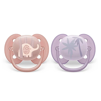 Ultra Soft Pacifier 0-6m Lychee Elephant / Lilac Palms 2-pack