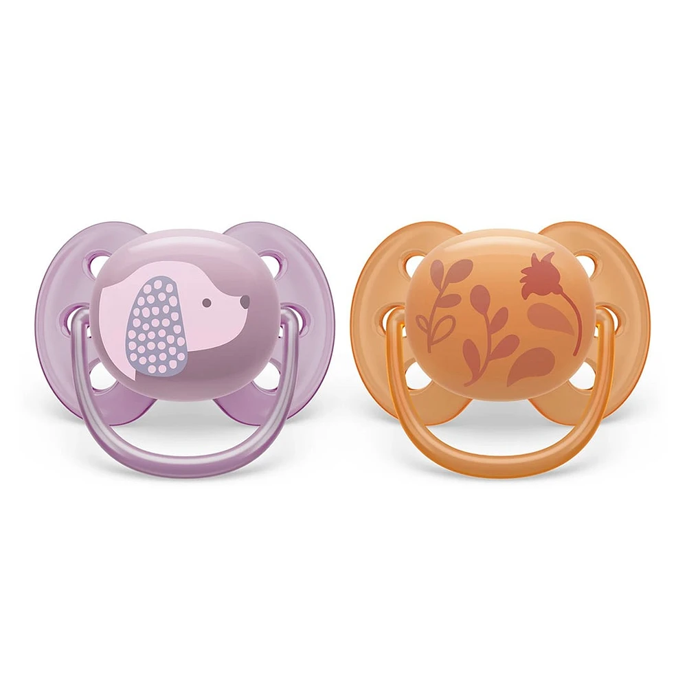 Ultra Soft Pacifier 6-18m Violet Puppy / Orange Leaves 2-pack