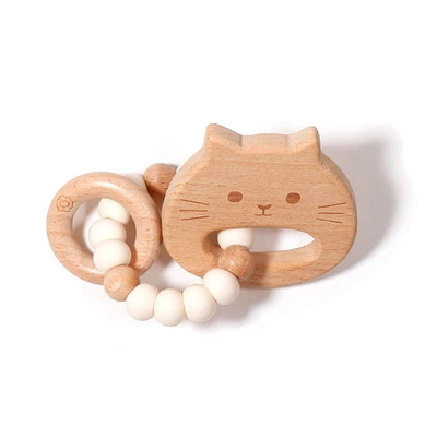 Hochet De Bois Chat - Blanc Cassé